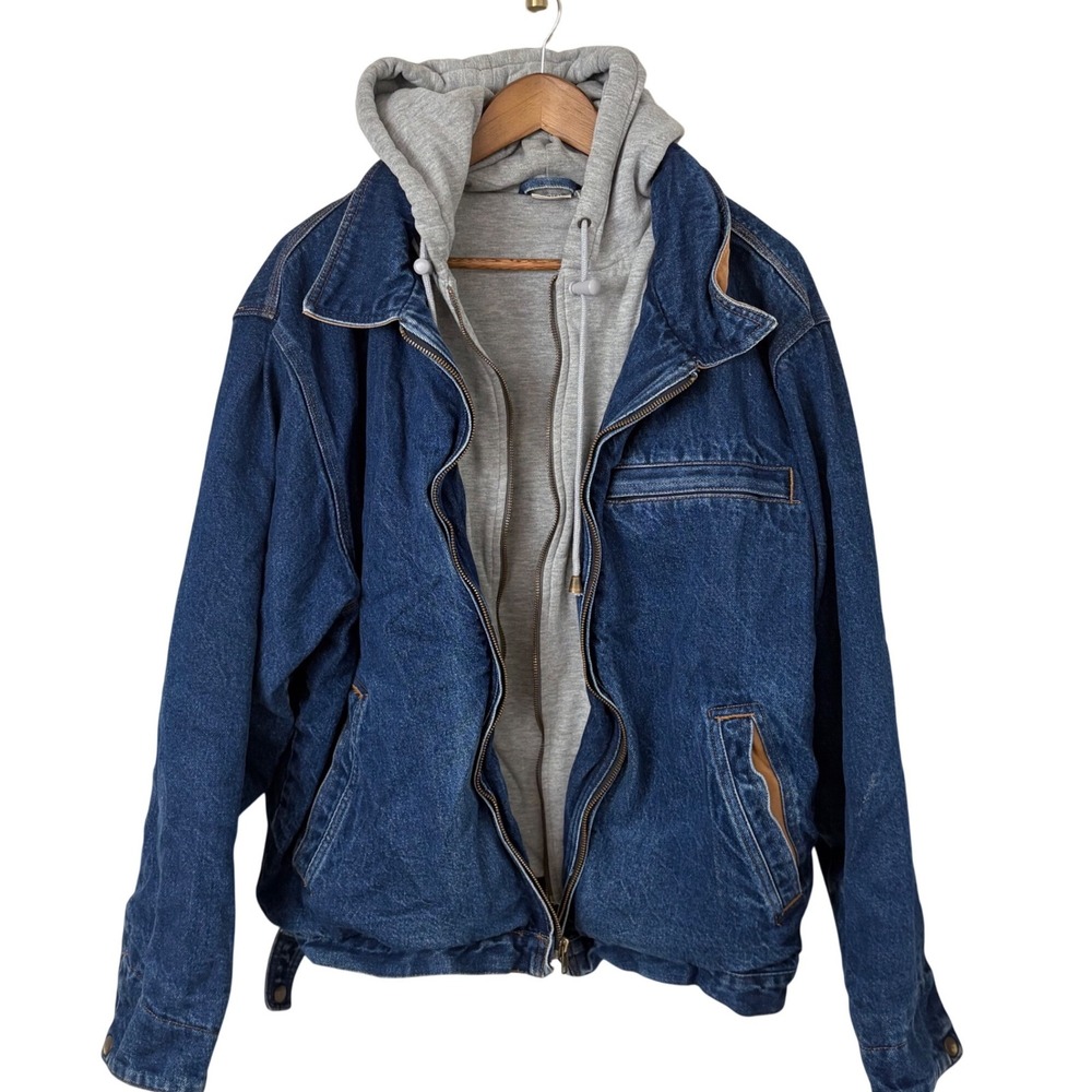 VTG 90s Laken Trail Denim Jacket Mens XL Blue Hooded Layer Workwear Bomber FLAW
